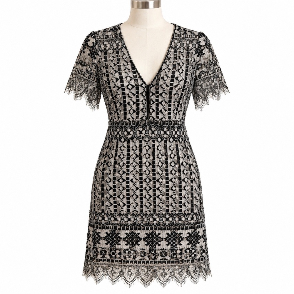 Nanette Lepore Black Silver Lace Sheath Cocktail Dress Size 10 Made in USA